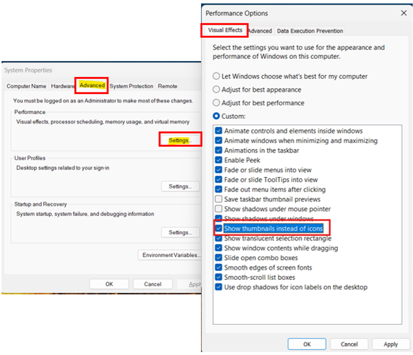 Enable Thumbnail Previews in Performance Settings